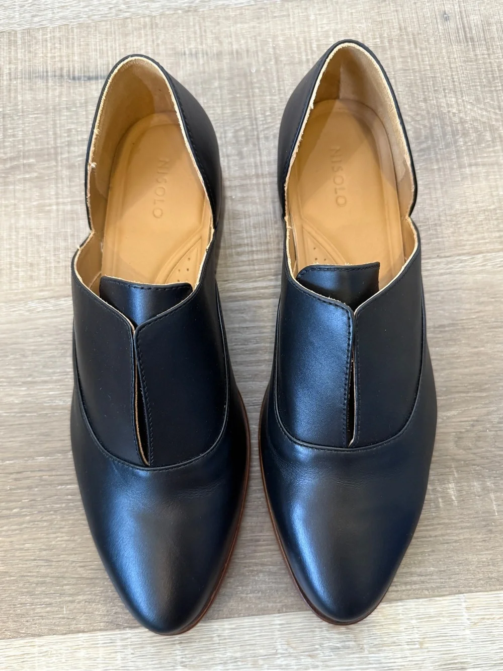 Nisolo Size 7.5 Emma D'Orsay Oxford Black Leather Slip On Flat Loafer Shoes